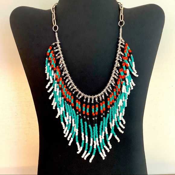 Handmade turquoise boho fringed festival beaded necklace - Picture 1 of 4